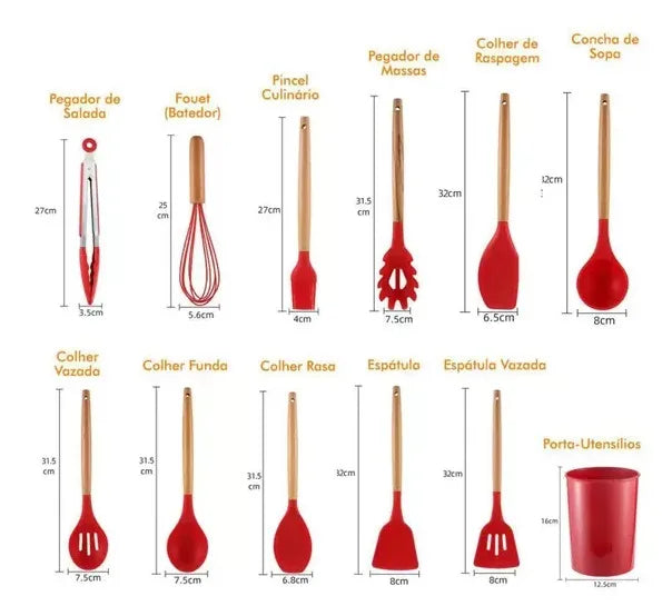 Kit Jogo 12 Peças Utensílios de Silicone Impermeável