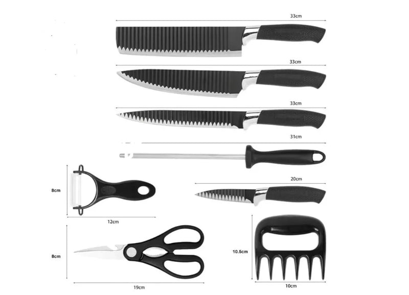 Conjunto de Facas Hvryealth, Descascador e Tesoura Premium Inox Incluso, 8 Peças, Cabo Emborrachado, Ideal para Churrasco e Cozinha Geral