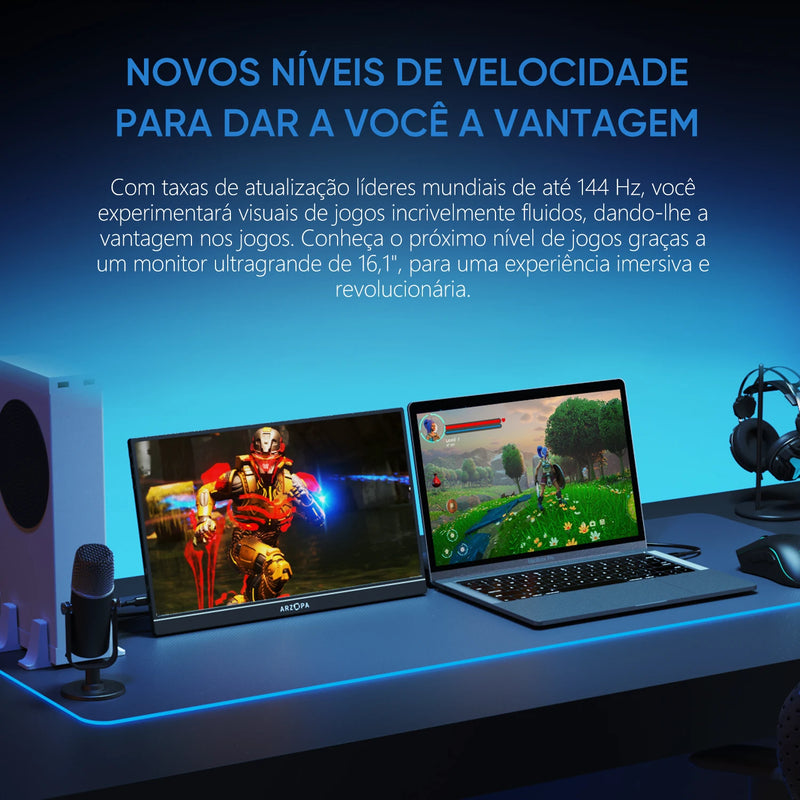 Monitor Gamer ARZOPA de 16,1 polegadas, 100% sRGB, 144Hz, Compatível com PS4/5, Steam Deck, Switch, PC e Mac