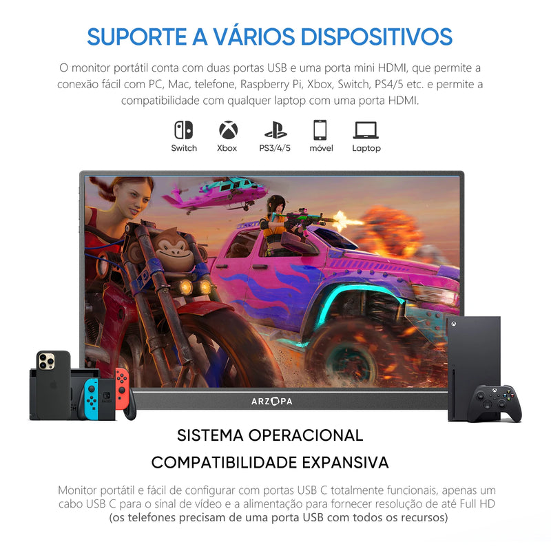 Monitor Gamer ARZOPA de 16,1 polegadas, 100% sRGB, 144Hz, Compatível com PS4/5, Steam Deck, Switch, PC e Mac