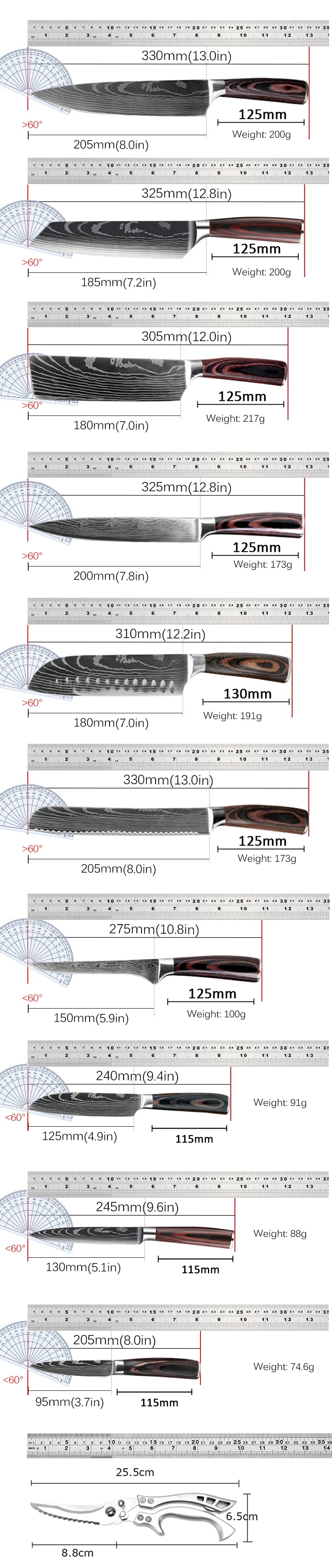 Faca de Chef Profissional Japonesa Santoku, de Aço Inoxidável