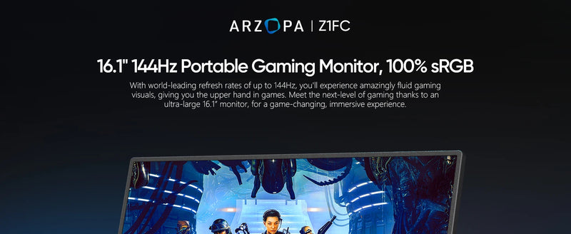 Monitor Gamer ARZOPA de 16,1 polegadas, 100% sRGB, 144Hz, Compatível com PS4/5, Steam Deck, Switch, PC e Mac