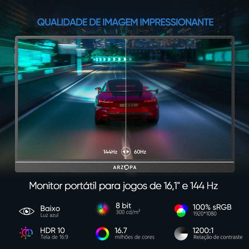 Monitor Gamer ARZOPA de 16,1 polegadas, 100% sRGB, 144Hz, Compatível com PS4/5, Steam Deck, Switch, PC e Mac
