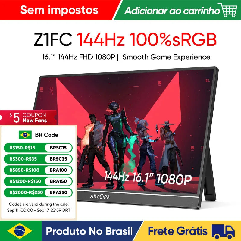 Monitor Gamer ARZOPA de 16,1 polegadas, 100% sRGB, 144Hz, Compatível com PS4/5, Steam Deck, Switch, PC e Mac