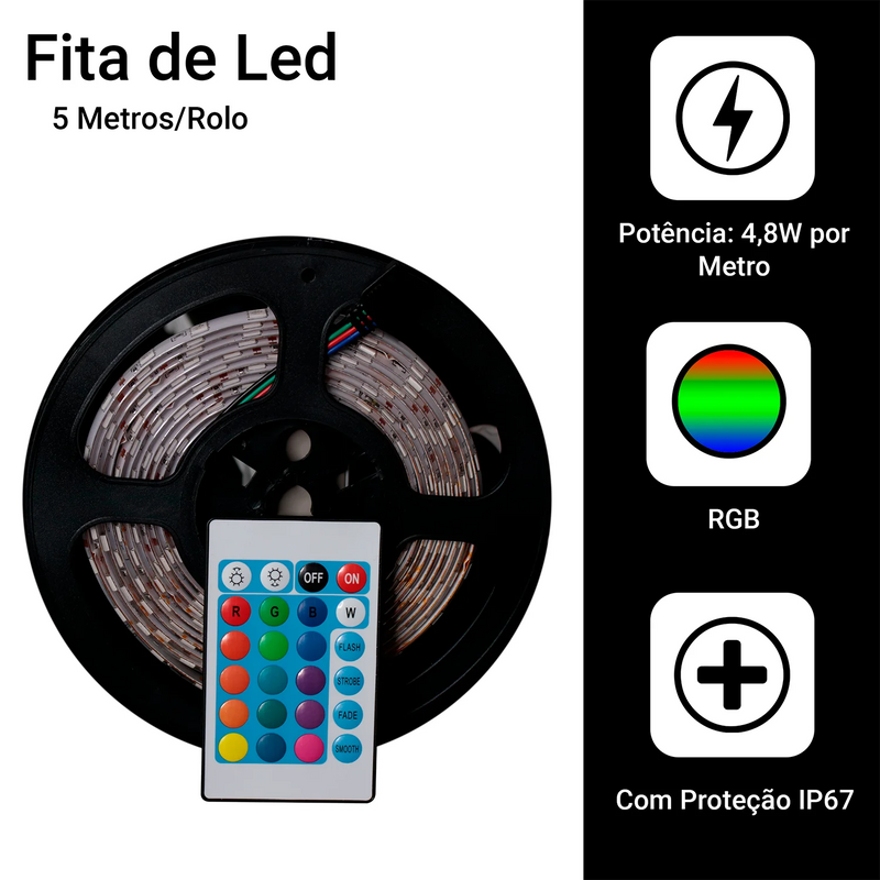 Fita LED, Rolo de 5m, com Controle e Fonte 12V Bivolt